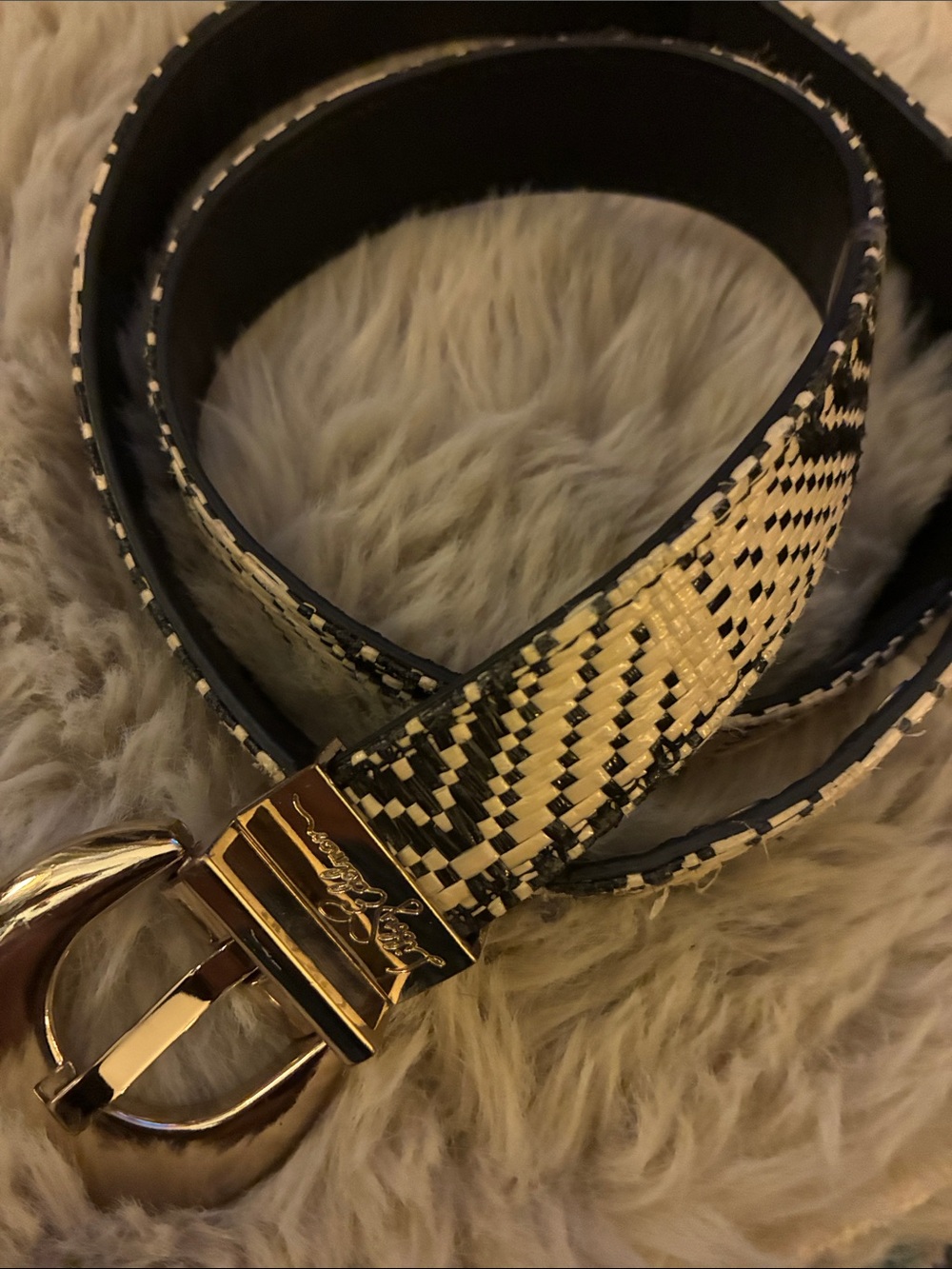 Woven Black and Cream Belt with Gold Buckle